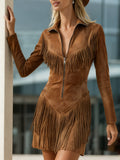 Brown Faux Suede Fringe Mini Dress