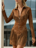 Brown Faux Suede Fringe Mini Dress