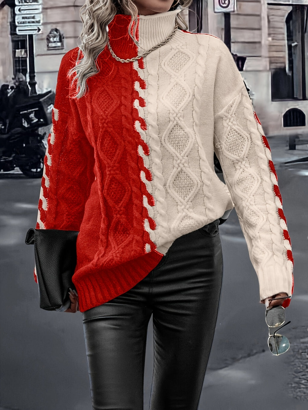 Red & Cream Colorblock Cable-Knit Turtleneck Sweater