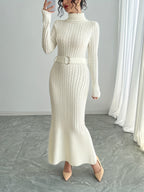 White Cable-Knit Turtleneck Midi Dress with Belt