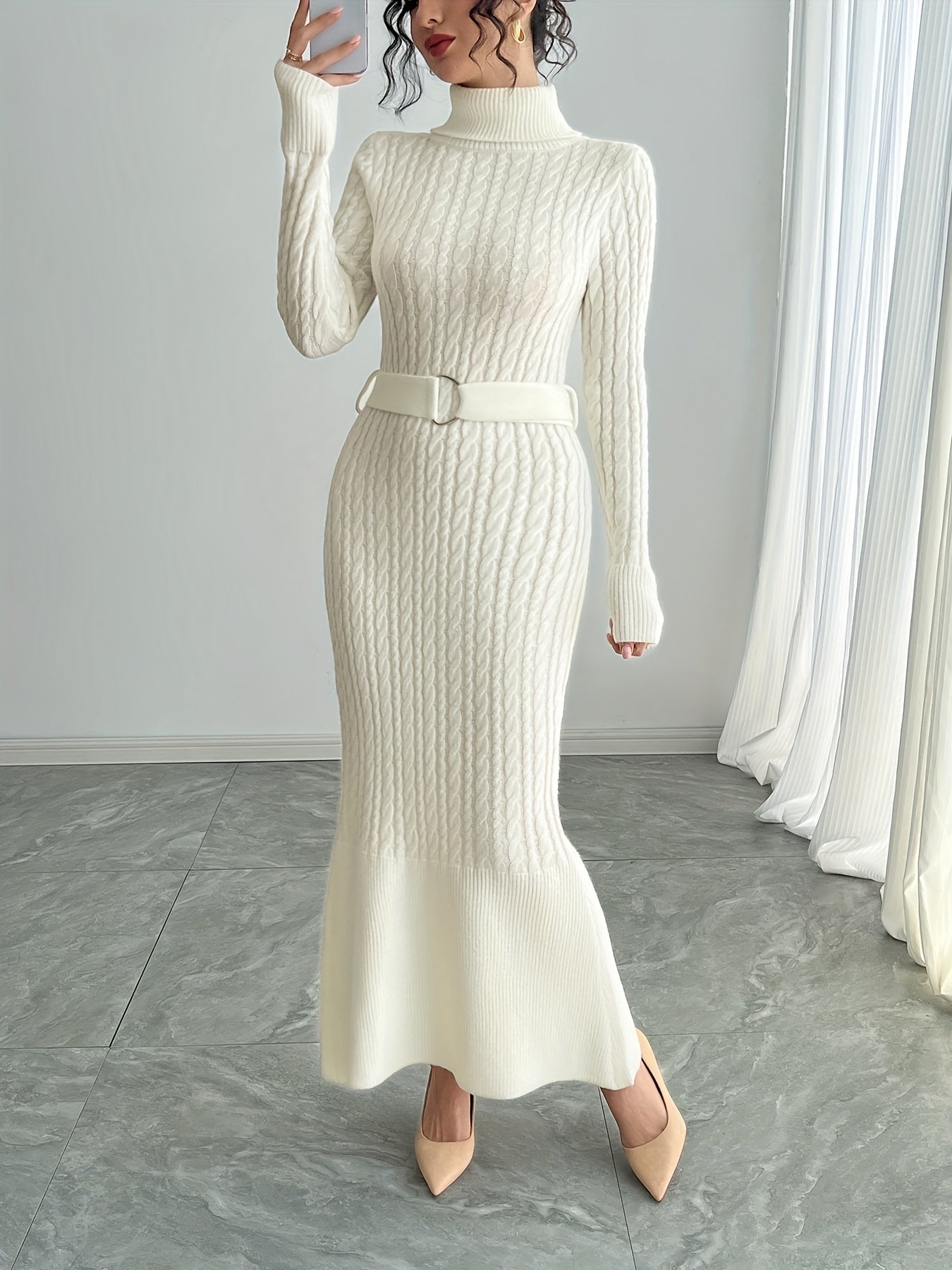 White Cable-Knit Turtleneck Midi Dress with Belt