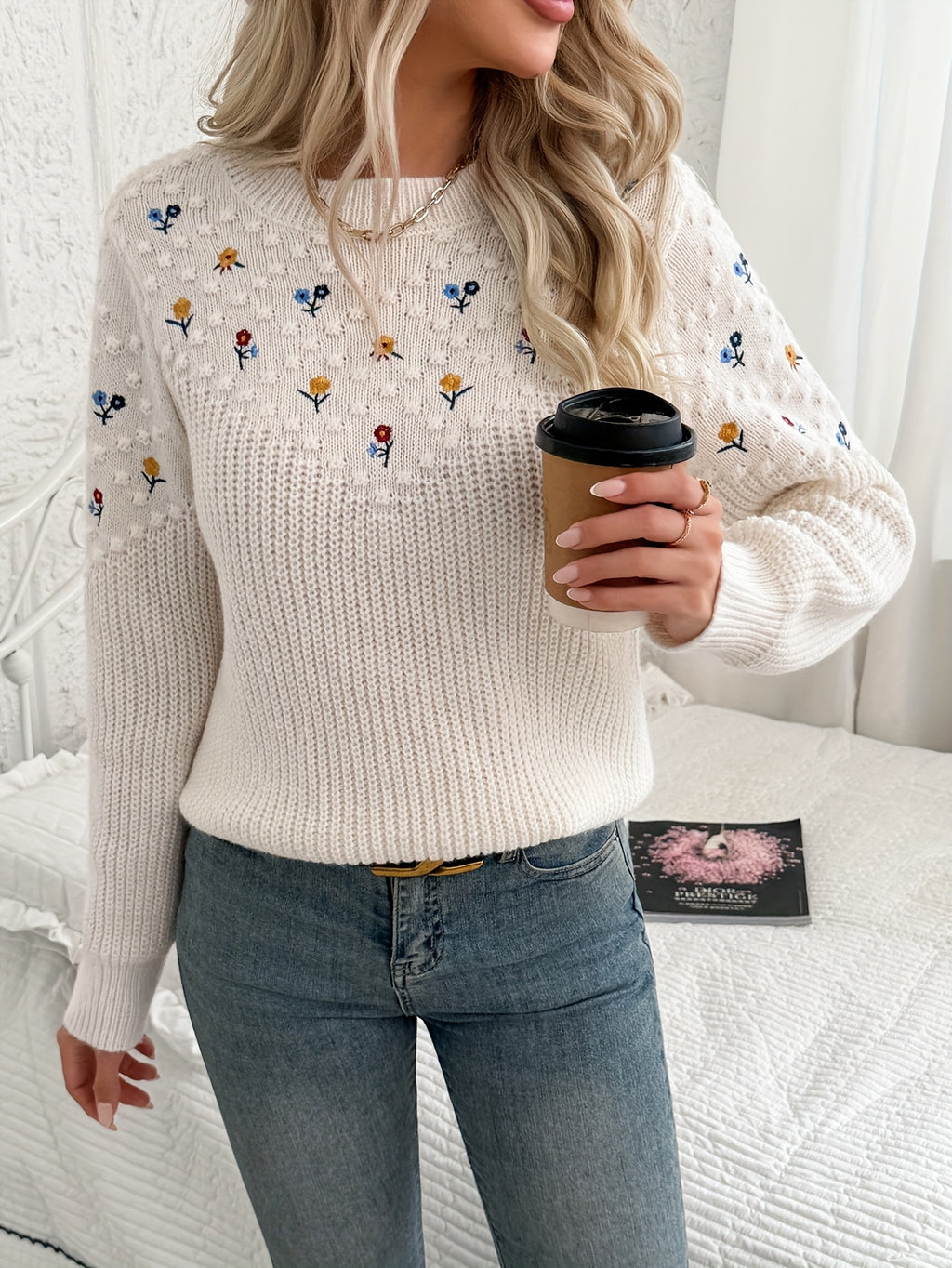 White Floral Embroidered Knit Sweater