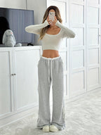 Gray Wide-Leg Pants with White Lace Trim