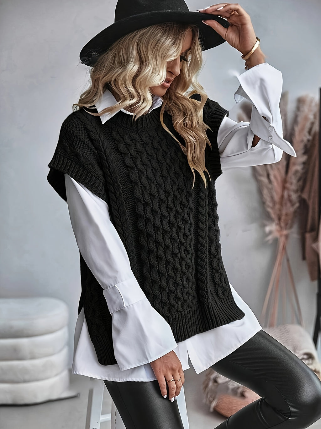 Black Cable-Knit Sleeveless Sweater Vest
