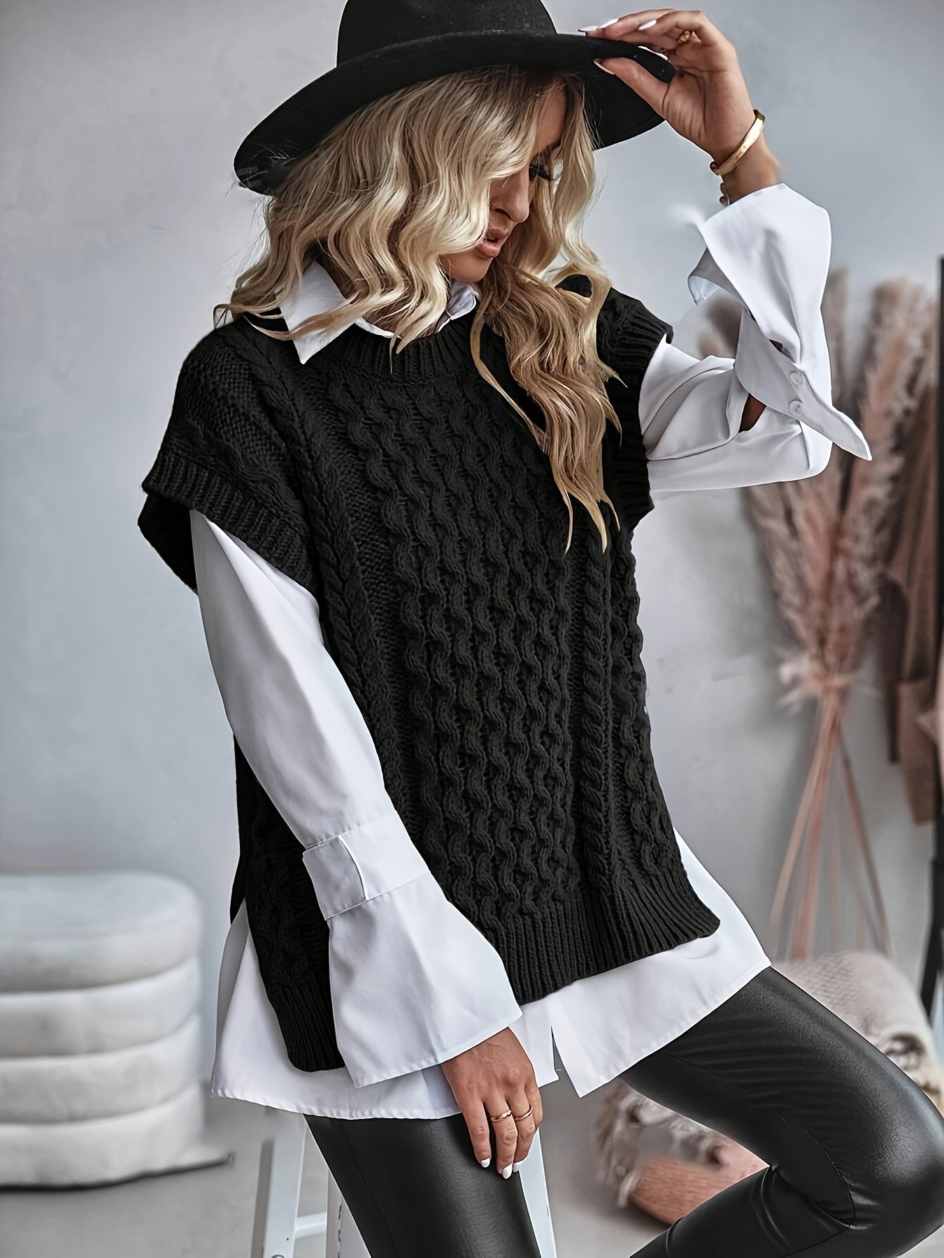 Black Cable-Knit Sleeveless Sweater Vest