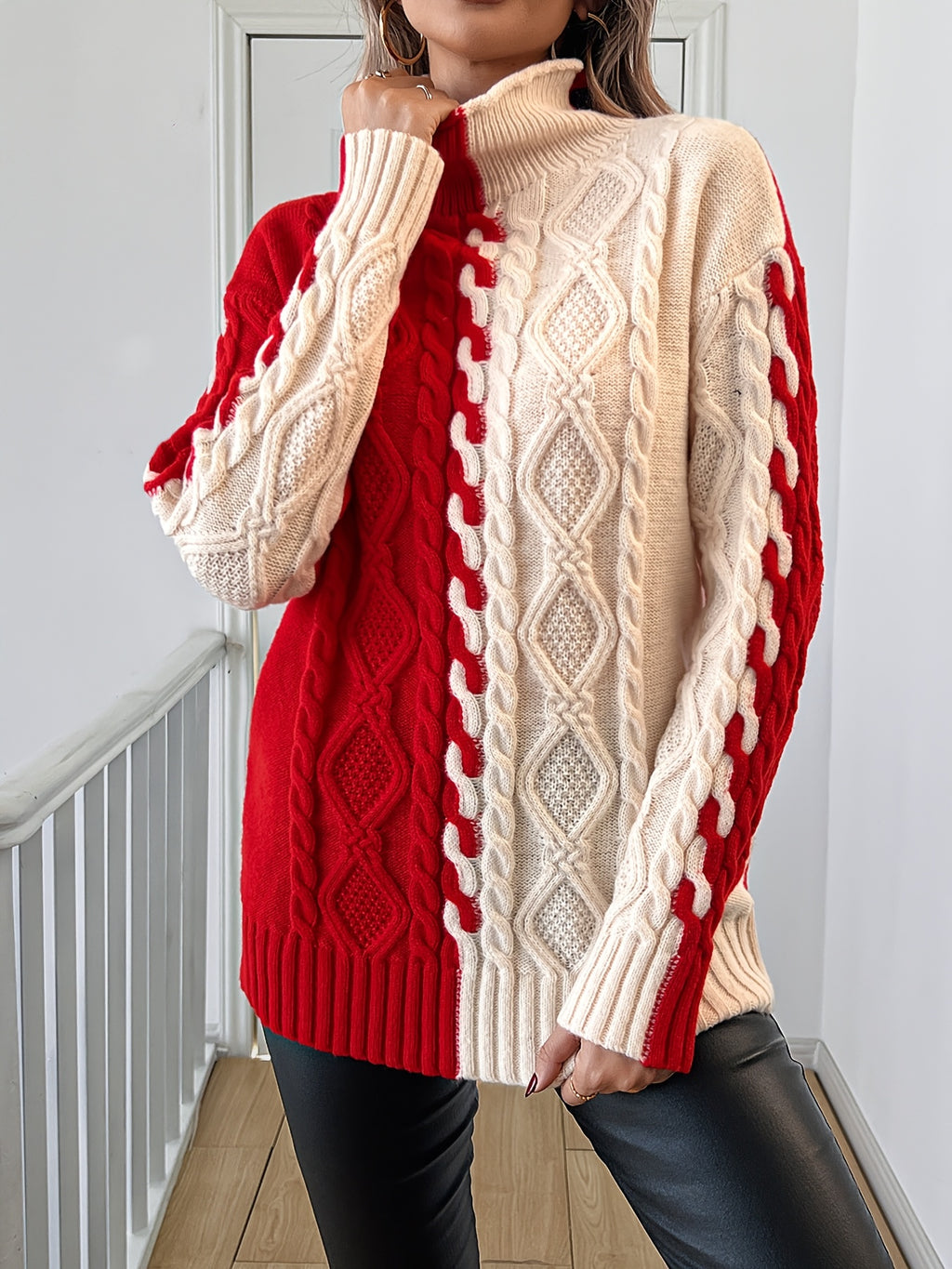 Red & Cream Colorblock Cable-Knit Turtleneck Sweater