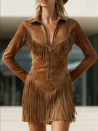 Brown Faux Suede Fringe Mini Dress