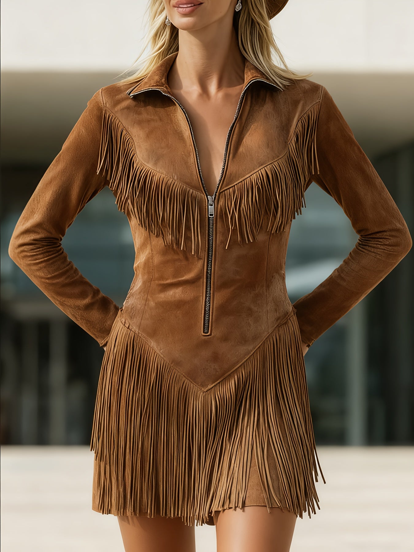 Brown Faux Suede Fringe Mini Dress