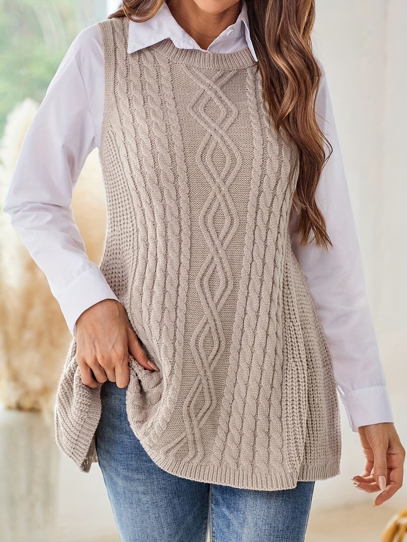 Beige Cable-Knit Sleeveless Tunic Vest
