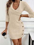 Beige Cable-Knit Wrap Sweater Dress