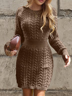 Brown Cable-Knit Crew Neck Mini Dress