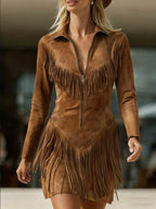 Brown Faux Suede Fringe Mini Dress