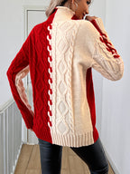 Red & Cream Colorblock Cable-Knit Turtleneck Sweater