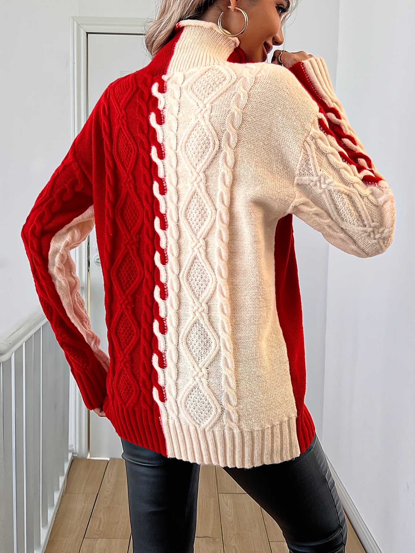 Red & Cream Colorblock Cable-Knit Turtleneck Sweater