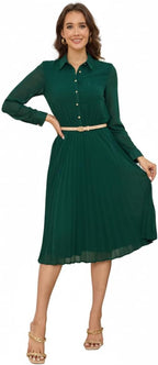Business Casual Shirt Dress for Women Long Sleeves Pleated Midi Dresses with Belt