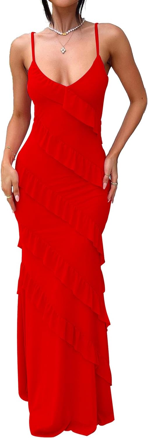 Women's Backless Bodycon Ruffle Long Dress