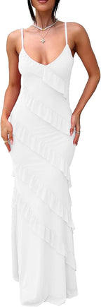 Women's Backless Bodycon Ruffle Long Dress