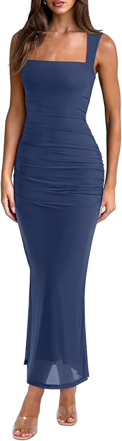 Women's Sheer Mesh Ruched Bodycon Long Dress