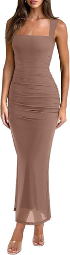 Women's Sheer Mesh Ruched Bodycon Long Dress