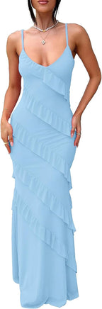 Women's Backless Bodycon Ruffle Long Dress