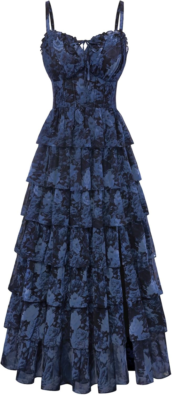 Blue White Floral Tiered Corset Maxi Dress, Fairy Style for Wedding & Vacation