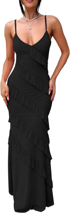 Women's Backless Bodycon Ruffle Long Dress