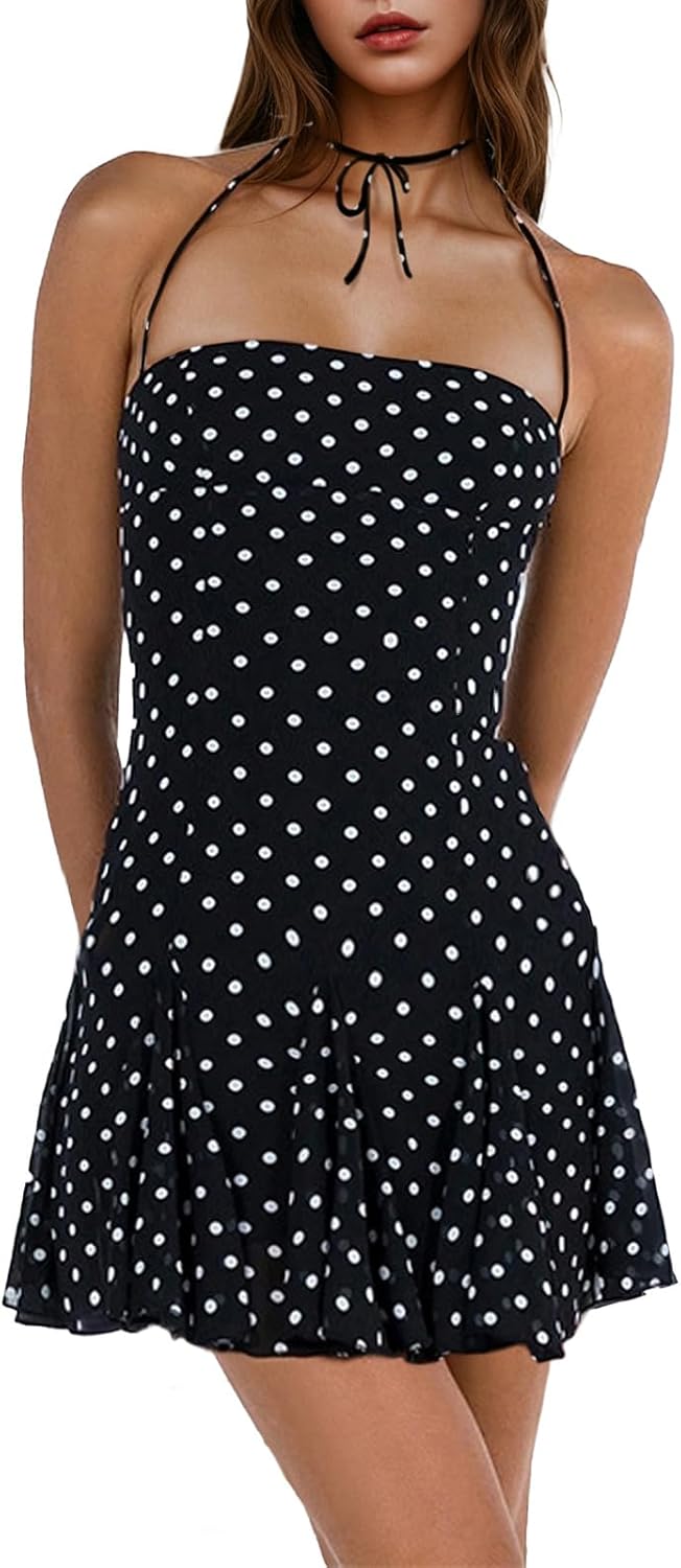 Women's Halter Tie Backless Square Neck Mini Dress