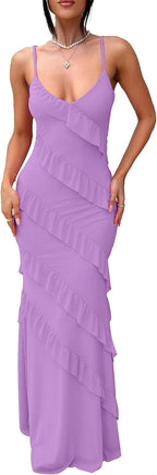 Women's Backless Bodycon Ruffle Long Dress