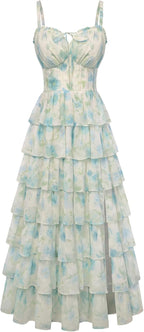 Blue White Floral Tiered Corset Maxi Dress, Fairy Style for Wedding & Vacation