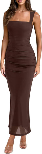 Women's Sheer Mesh Ruched Bodycon Long Dress