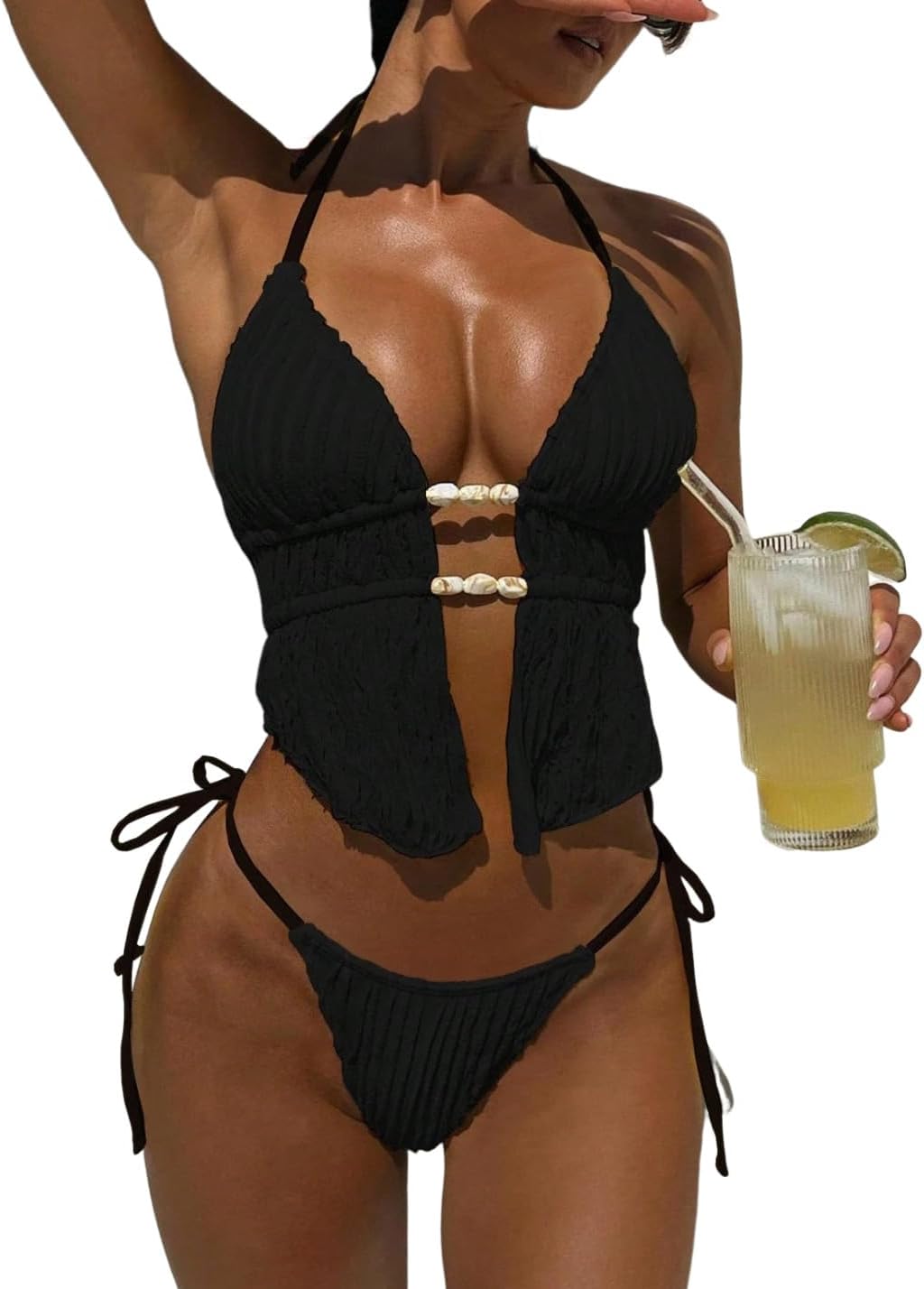 Women's Textured Backless Halter Bikini Set