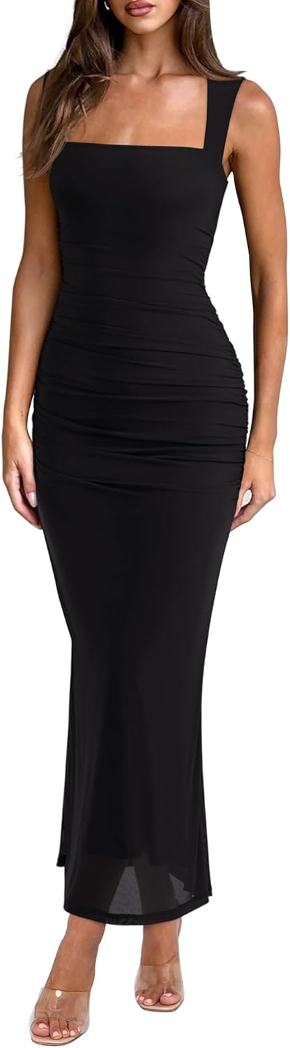 Women's Sheer Mesh Ruched Bodycon Long Dress
