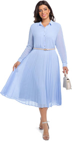 Business Casual Shirt Dress for Women Long Sleeves Pleated Midi Dresses with Belt