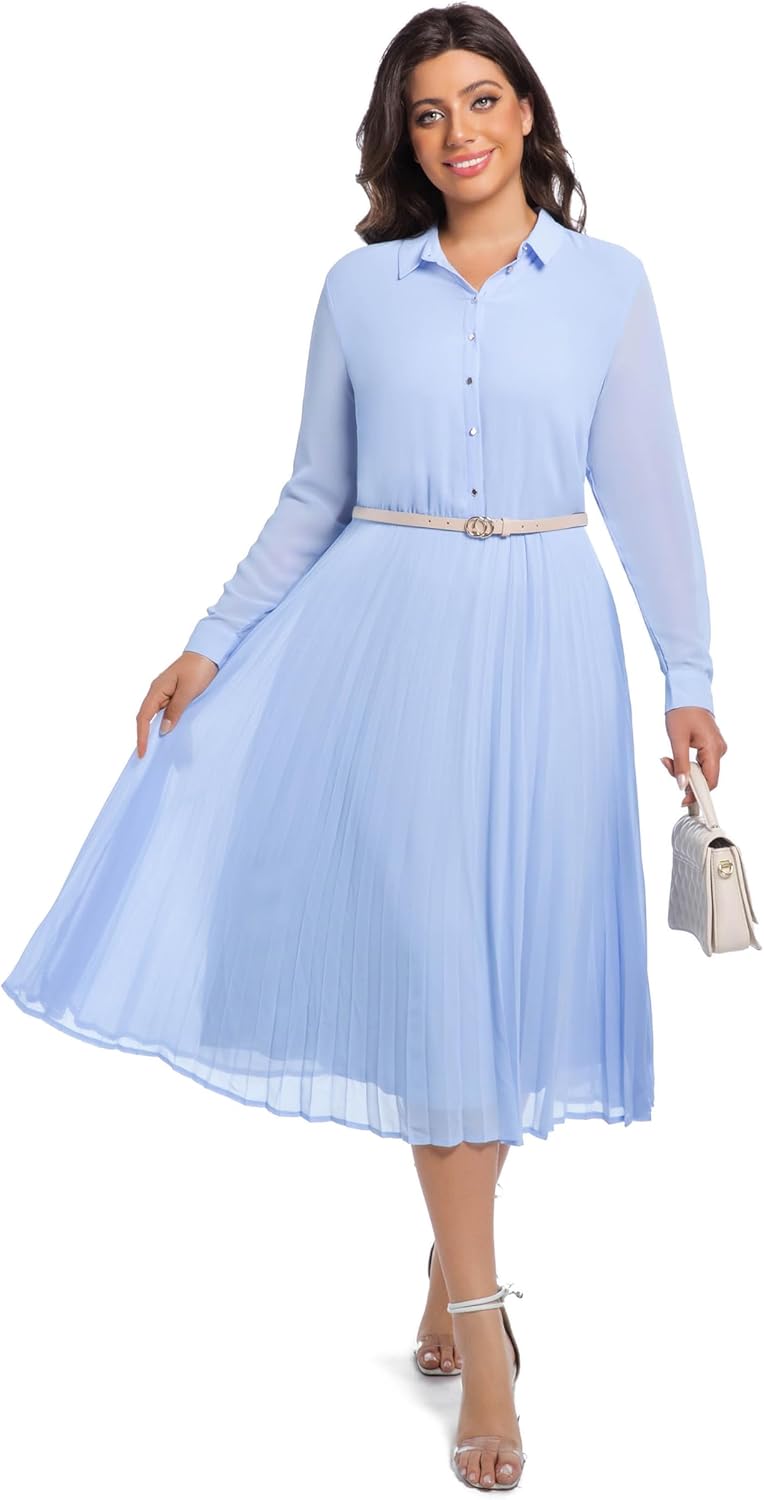 Business Casual Shirt Dress for Women Long Sleeves Pleated Midi Dresses with Belt