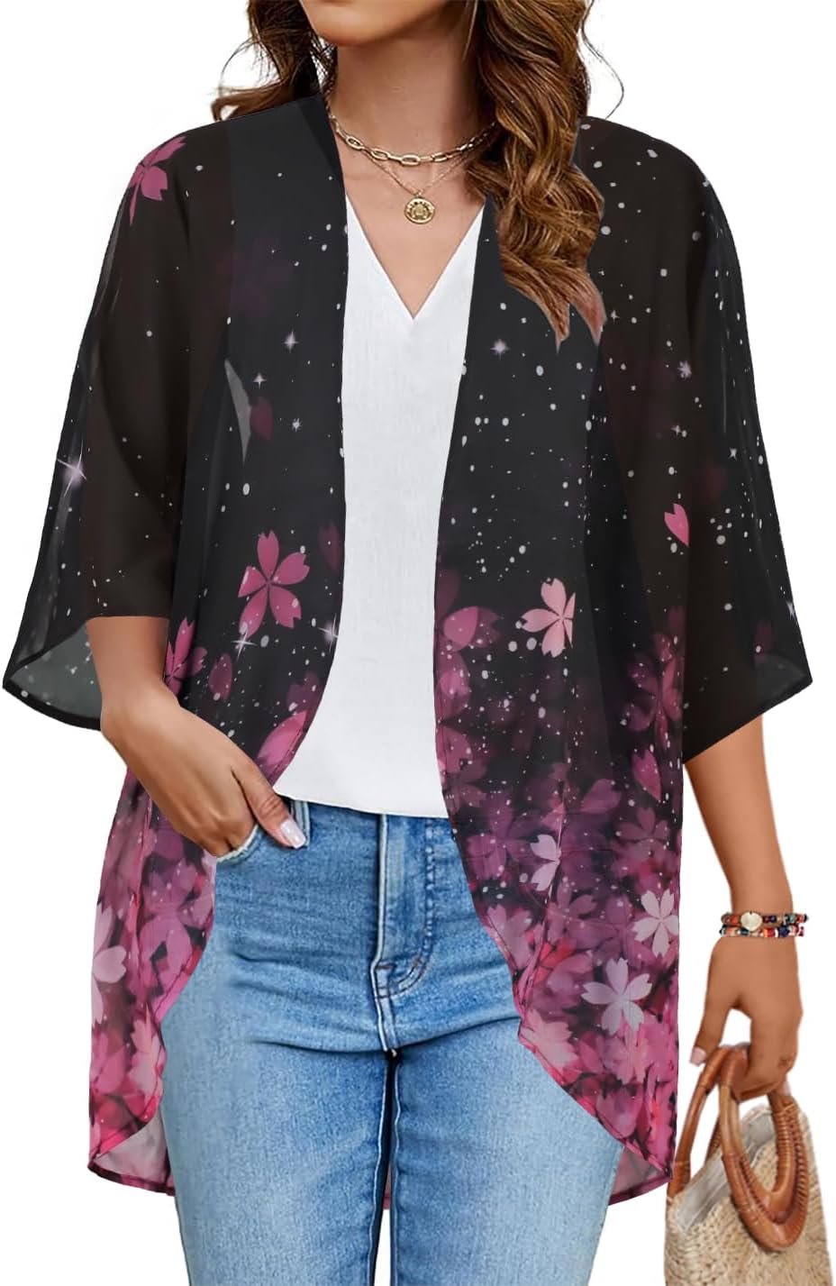 Women's Floral Print Puff Sleeve Kimono Cardigan Loose Cover Up Casual Blouse Tops 2026