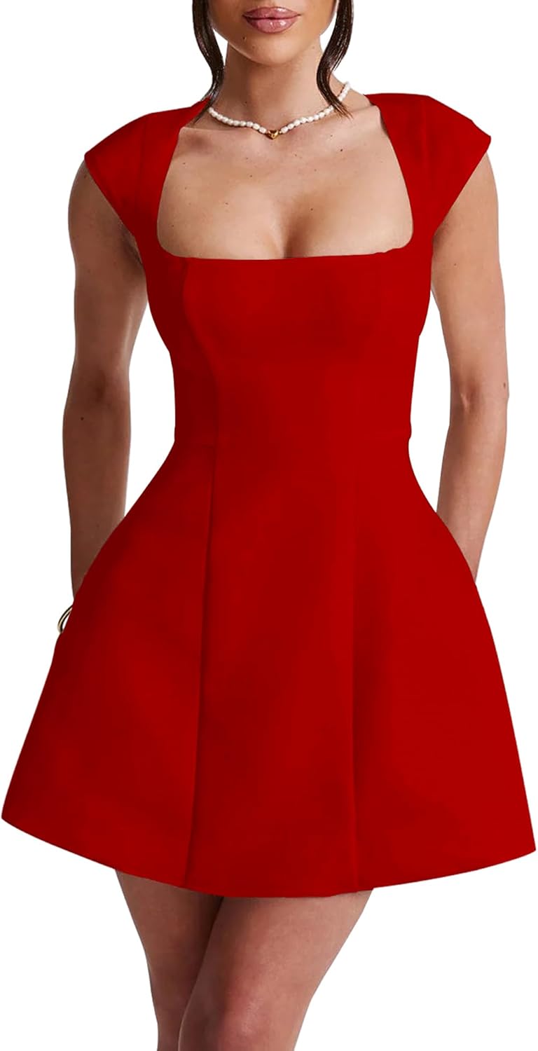 LuFeng Square Neck Cap Sleeve Mini Dress