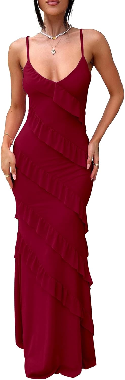Women's Backless Bodycon Ruffle Long Dress