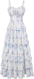 Blue White Floral Tiered Corset Maxi Dress, Fairy Style for Wedding & Vacation