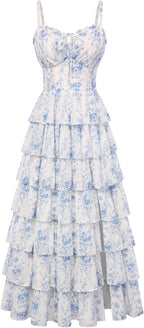 Blue White Floral Tiered Corset Maxi Dress, Fairy Style for Wedding & Vacation