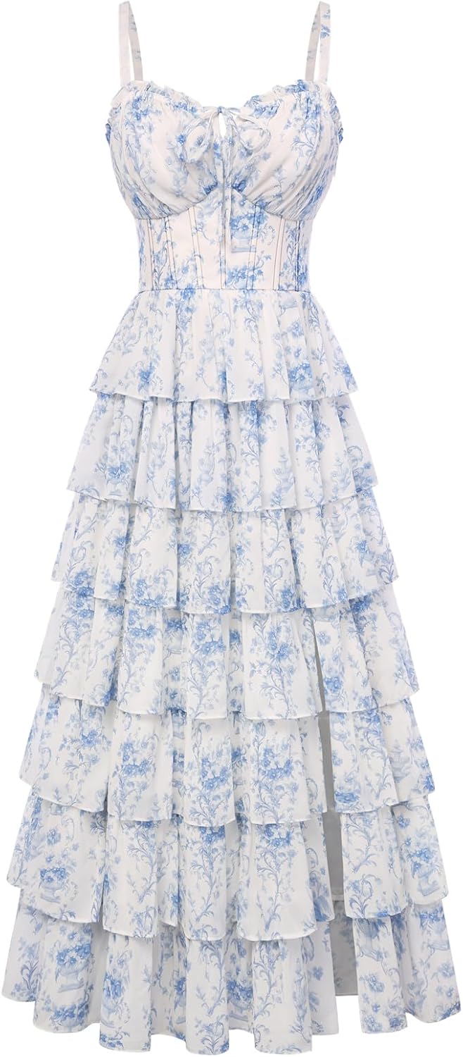 Blue White Floral Tiered Corset Maxi Dress, Fairy Style for Wedding & Vacation