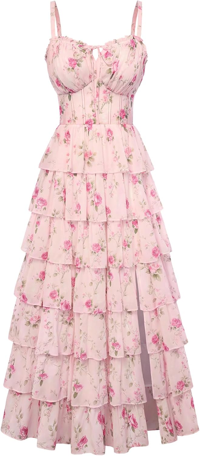 Blue White Floral Tiered Corset Maxi Dress, Fairy Style for Wedding & Vacation
