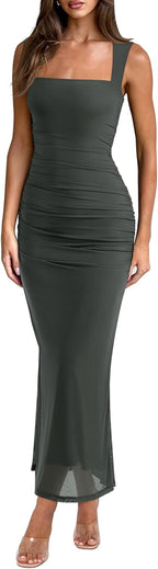 Women's Sheer Mesh Ruched Bodycon Long Dress