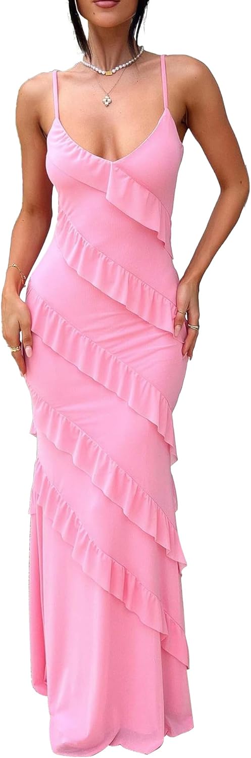 Women's Backless Bodycon Ruffle Long Dress