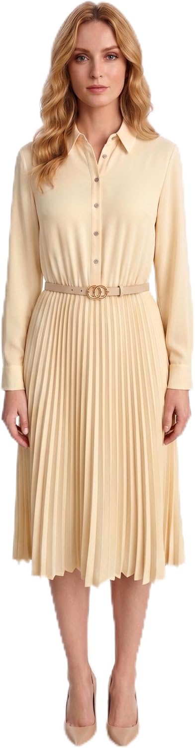 Business Casual Shirt Dress for Women Long Sleeves Pleated Midi Dresses with Belt