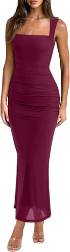 Women's Sheer Mesh Ruched Bodycon Long Dress