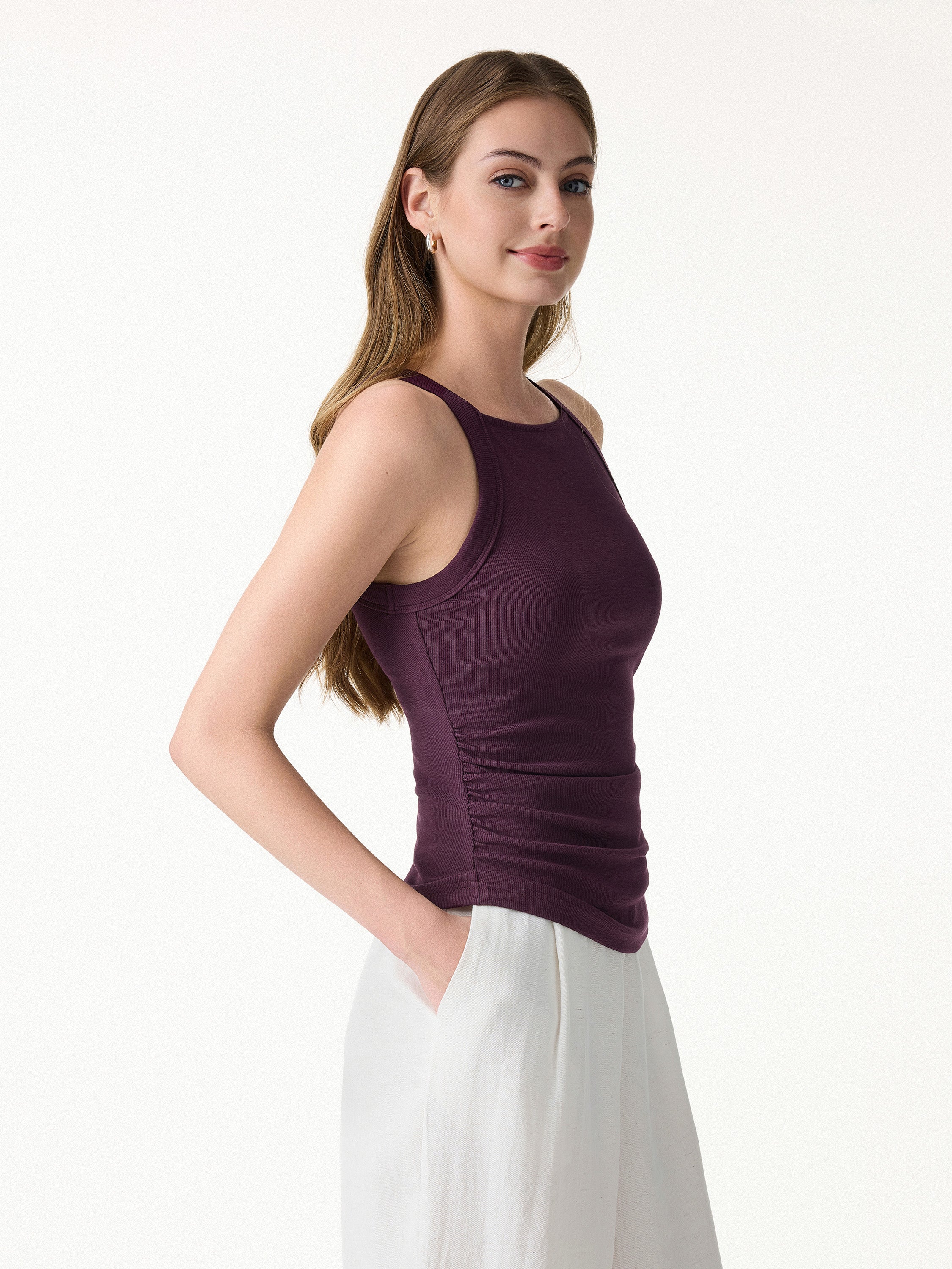 Square Neck Ruched Rib Bra Tank