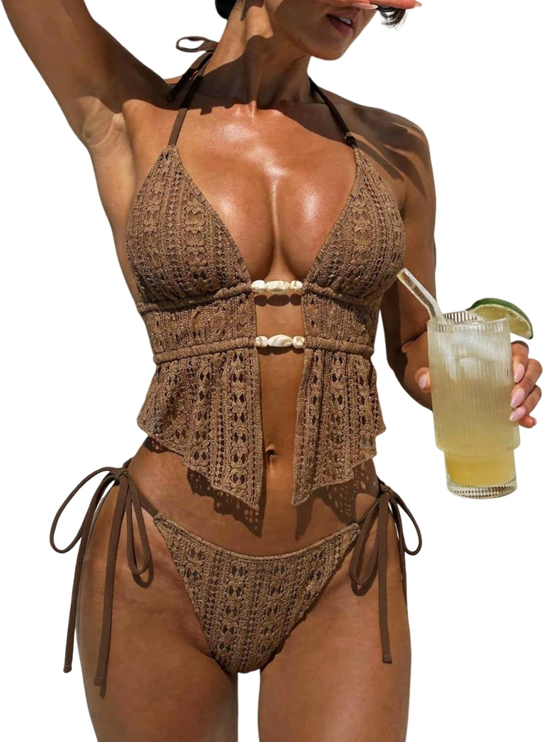 Women's Textured Backless Halter Bikini Set
