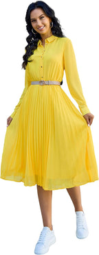 Business Casual Shirt Dress for Women Long Sleeves Pleated Midi Dresses with Belt