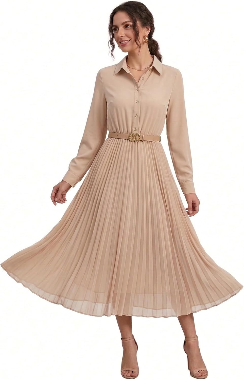 Business Casual Shirt Dress for Women Long Sleeves Pleated Midi Dresses with Belt