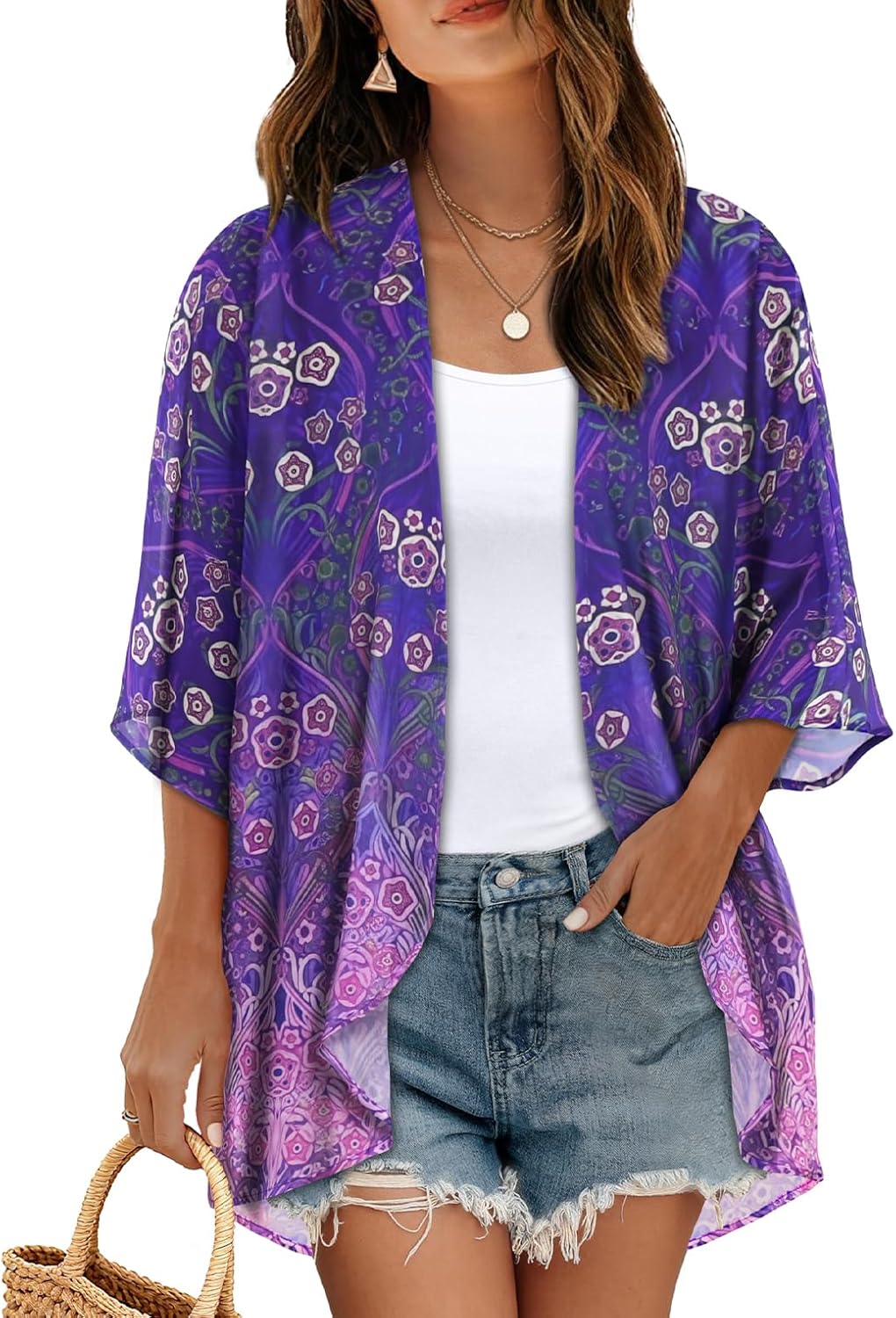 Women's Floral Print Puff Sleeve Kimono Cardigan Loose Cover Up Casual Blouse Tops 2026